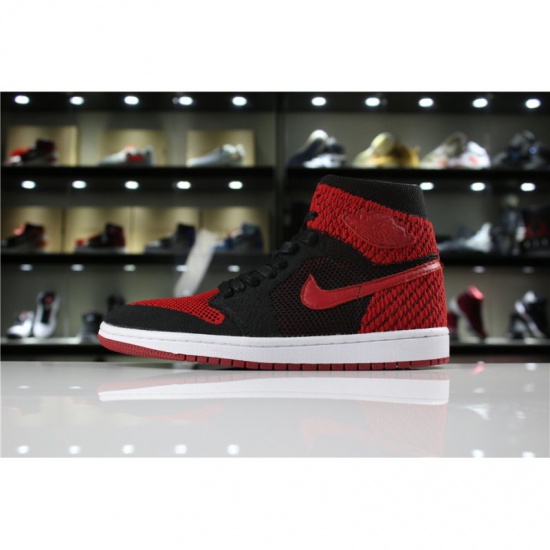 Men's and Women's Air Jordan 1 Retro High Flyknit "Banned" Black - Click Image to Close